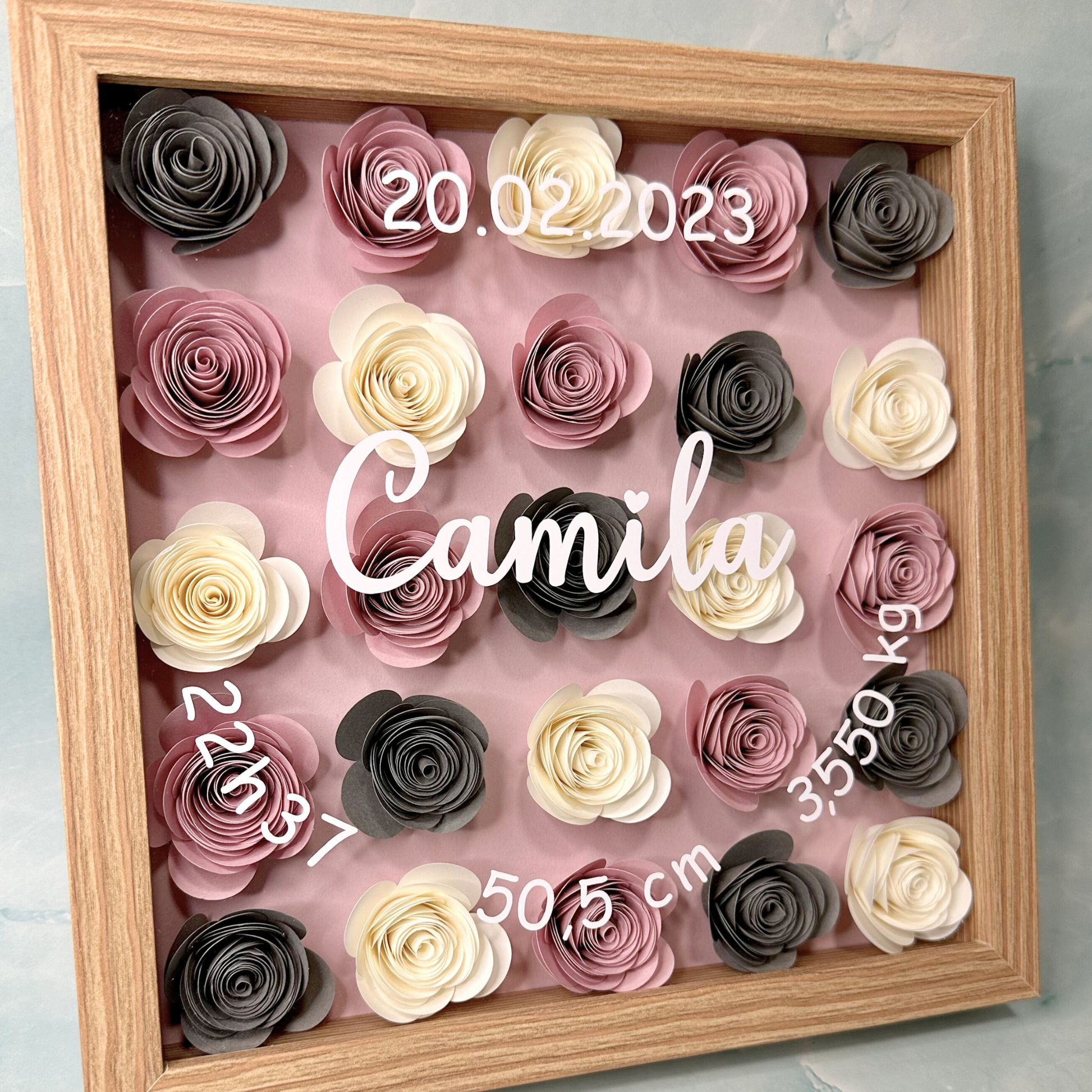 tableau naissance personnalise personnalisable cadre bois blanc noir rose papier fait main marion papillon geneve suisse