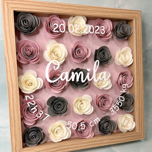 tableau naissance personnalise personnalisable cadre bois blanc noir rose papier fait main marion papillon geneve suisse