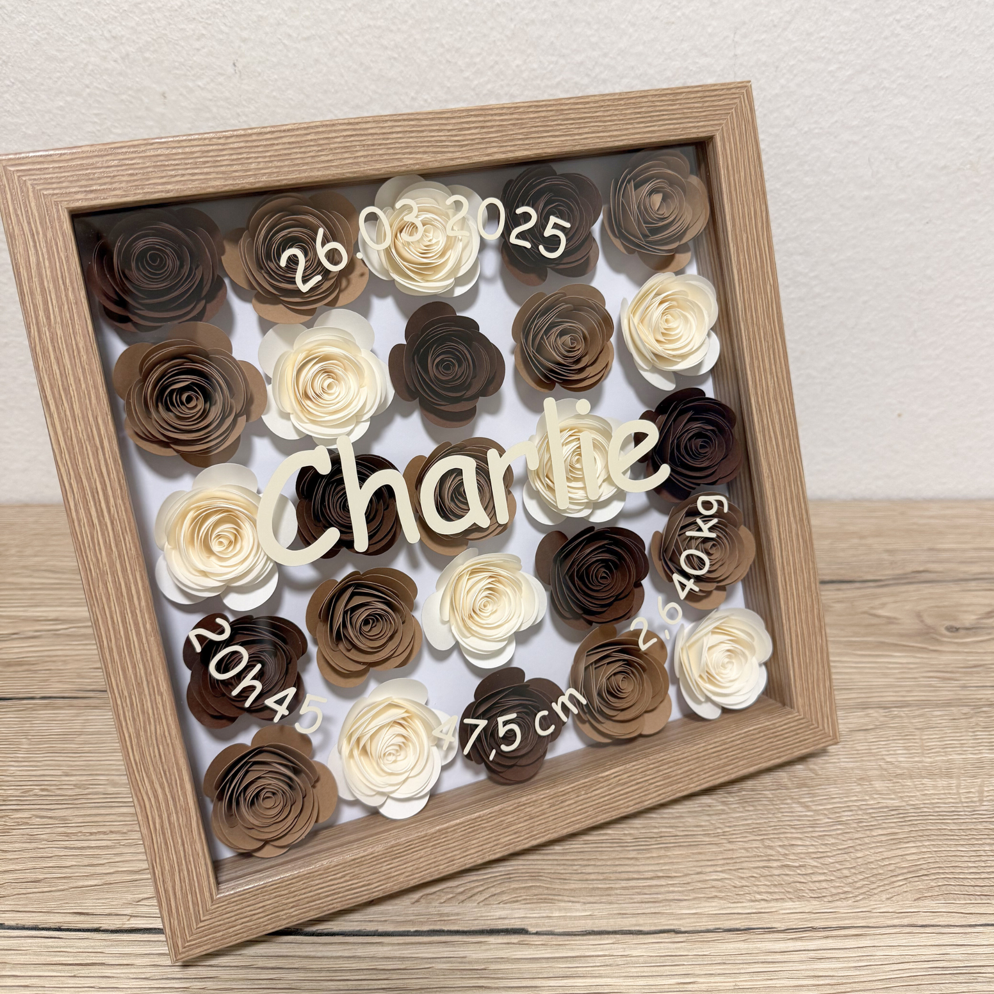 tableau naissance personnalise personnalisable cadre bois blanc noir rose papier fait main marion papillon geneve suisse