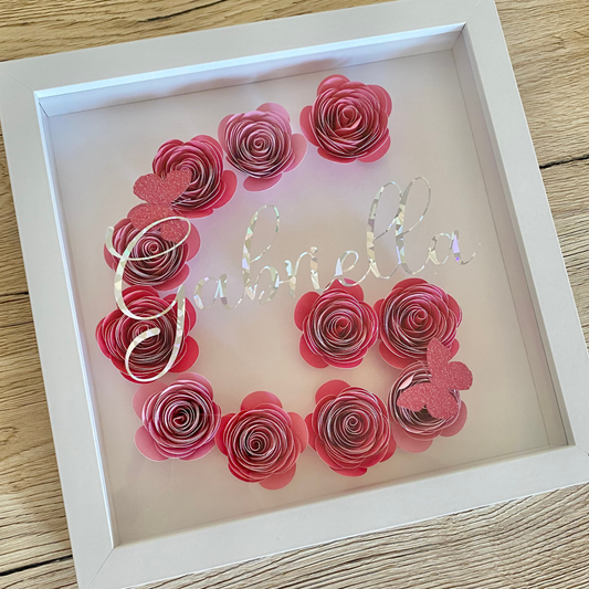 tableau naissance personnalise personnalisable cadre bois blanc noir rose papier fait main marion papillon geneve suisse prenom lettre