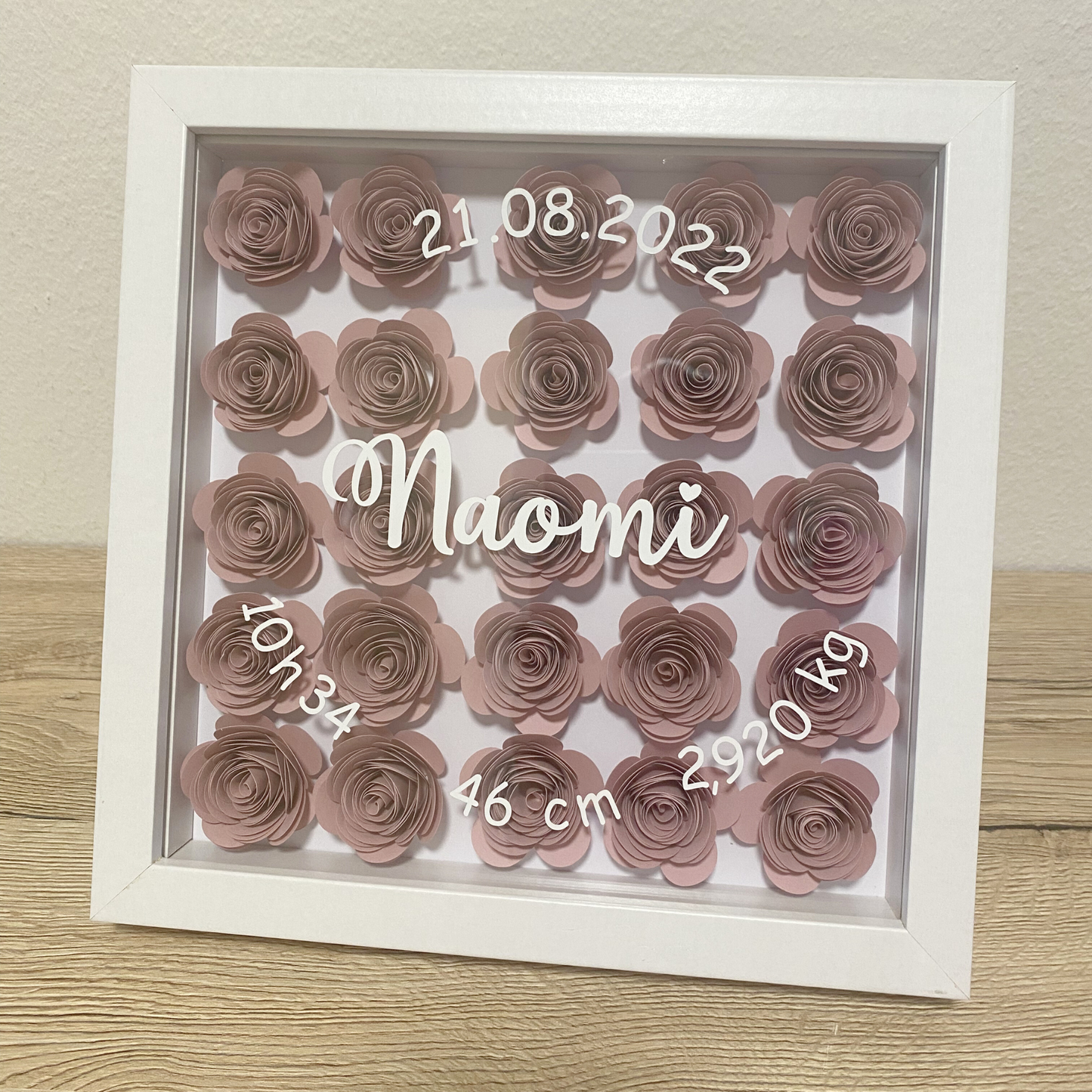 tableau naissance personnalise personnalisable cadre bois blanc noir rose papier fait main marion papillon geneve suisse