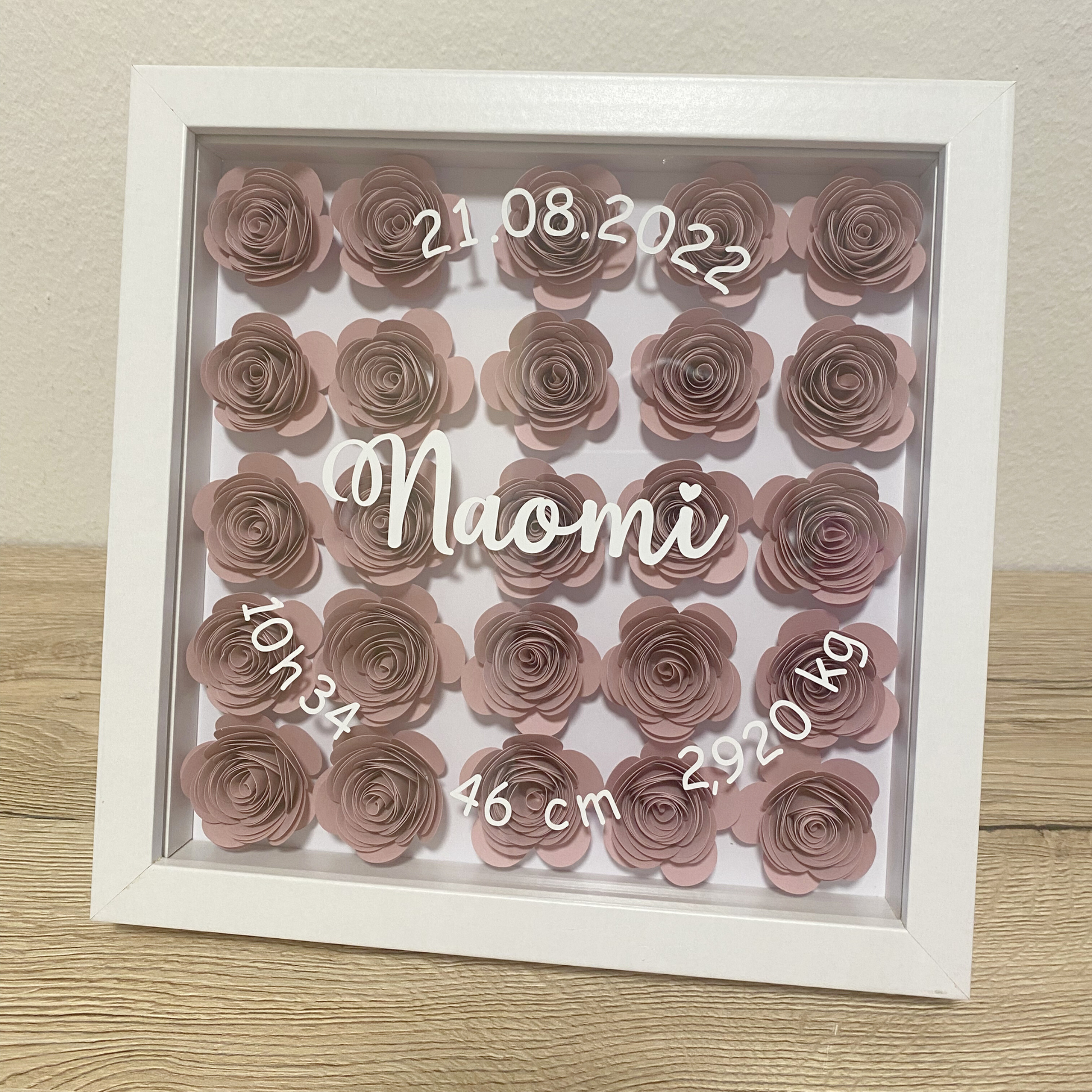 tableau naissance personnalise personnalisable cadre bois blanc noir rose papier fait main marion papillon geneve suisse